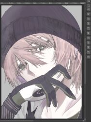  1boy 66_(roro) art_program_in_frame beanie black_gloves black_hat black_jacket clip_studio_paint clip_studio_paint_(medium) collarbone earrings enneholic gloves green_eyes green_shirt grey_background hair_between_eyes hat head_tilt jacket jewelry looking_at_viewer male_focus medium_hair multicolored_jacket multiple_piercings pale_skin pink_hair screenshot shirt sidelocks solo two-tone_jacket upper_body vocaloid vy2 white_jacket 