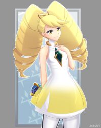  1girl artist_name beast_ball blonde_hair bow cosplay dress drill_hair gradient_clothes gradient_dress grey_background hair_bow highres holding holding_poke_ball long_hair luna_platz_(mega_man) lusamine_(pokemon) lusamine_(pokemon)_(cosplay) mega_man_(series) mega_man_star_force_(series) poke_ball pokemon pokemon_sm rob_(robarts) smile solo twin_drills very_long_hair 