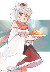  1girl absurdres alternate_costume animal_ears commentary_request food frilled_skirt frills grey_hair hat highres holding holding_plate inubashiri_momiji japanese_clothes kimono long_sleeves looking_at_viewer name_tag niseneko_(mofumofu_ga_ienai) omelet omurice open_mouth orange_eyes orange_scarf plate red_hat red_skirt scarf skirt solo tail thigh-highs tokin_hat touhou translation_request white_kimono white_thighhighs wide_sleeves wolf_ears wolf_girl wolf_tail 