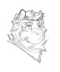  1boy aged_down animal_ears arknights artist_request bandaid bandaid_on_face bandaid_on_nose cropped_shoulders facial_hair furry furry_male goatee greyscale highres looking_up male_focus monochrome mountain_(arknights) short_hair sketch solo thick_eyebrows tiger_boy tiger_ears white_hair 