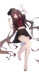  1girl absurdres barefoot black_nails brown_hair flower-shaped_pupils full_body genshin_impact hat highres hu_tao_(genshin_impact) long_hair looking_at_viewer open_mouth qixia red_eyes simple_background solo symbol-shaped_pupils thighs toes twintails white_background 