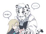  ... 1boy 1girl animal_ears animal_hands arknights artist_request chibi doctor_(arknights) female_doctor_(arknights) fingernails furry furry_male hand_focus korean_text lank_stare large_hands mountain_(arknights) open_hand sharp_fingernails short_hair size_difference thick_eyebrows tiger_boy tiger_ears translation_request upper_body white_fur white_hair 