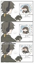  .osari 1boy ? artist_name black_gloves black_hair black_shirt chisa_(wuthering_waves) eating english_text food food_in_mouth gloves headphones highres long_hair male_rover_(wuthering_waves) meta pocky pocky_in_mouth red_eyes rover_(wuthering_waves) shirt smile solo tacet_mark_(wuthering_waves) wuthering_waves 