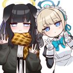  2girls alternate_costume animal_ears apron black_coat black_hair blue_archive blue_bow blue_bowtie blue_eyes blunt_bangs bow bowtie casual coat commentary_request dog_ears dog_girl double_v expressionless gloves grey_eyes halo hibiki_(blue_archive) light_brown_hair long_hair long_sleeves looking_at_viewer maid maid_apron maid_headdress multiple_girls o_(rakkasei) open_clothes open_coat plaid plaid_scarf scarf sidelocks simple_background smile toki_(blue_archive) v white_background white_gloves 