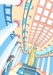  1girl akabane_1999 architecture arm_at_side blue_dress brown_hair closed_mouth column commentary_request dress fisheye flat_color from_side greco-roman_architecture highres indoors long_hair original pillar scenery sleeveless sleeveless_dress solo standing statue wide_shot 