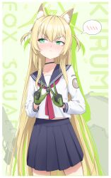  >:( 1girl absurdres animal_ear_fluff animal_ears averting_eyes black_choker black_gloves black_sailor_collar black_skirt blonde_hair blue_archive blush border character_name chinese_commentary choker closed_mouth collarbone commentary cowboy_shot double_v embarrassed english_text eyelashes fox_ears fox_girl frown gloves green_eyes green_gloves green_halo hair_between_eyes halo hands_up highres kurumi_(blue_archive) long_hair long_sleeves looking_to_the_side midriff_peek miniskirt neckerchief nose_blush pleated_skirt red_neckerchief sailor_collar school_uniform serafuku shirt sidelocks simple_background skirt solo speech_bubble spoken_blush straight_hair sweatdrop triangle_halo two-sided_gloves two_side_up v v-shaped_eyebrows very_long_hair white_border white_shirt yuxue_(snoain_yyk) 