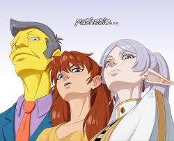  1boy 2girls artist_name black_eyes blue_eyes blue_jacket capelet colored_skin commentary crossover earrings elf english_commentary english_text frieren frown gold_trim green_eyes grey_hair hair_over_shoulder half-closed_eyes head_back highres jacket jewelry lapels long_hair long_pointy_ears looking_at_viewer meme multiple_crossover multiple_girls neon_genesis_evangelion nose notched_lapels orange_hair parted_bangs parted_lips pathetic_(meme) pointy_ears purple_shirt seymour_skinner shirt simple_background souryuu_asuka_langley sousou_no_frieren striped_clothes striped_shirt teardrop_earrings the_simpsons thick_eyebrows twintails upper_body upward_angle_frieren_drawing_(meme) white_background white_capelet yellow_shirt yellow_skin yolk_too_yellow 