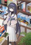 1girl black_eyes black_hair blue_archive book book_stack bookshelf bow commentary_request glasses hair_between_eyes hair_bow hair_ribbon hairband halo highres holding holding_book jewelry library long_hair long_skirt looking_at_viewer low_twintails necklace paralier plant pleated_skirt ribbed_sweater ribbon school_uniform serafuku sidelocks skirt slippers solo sweater turtleneck turtleneck_sweater twintails ui_(blue_archive) very_long_hair wooden_floor