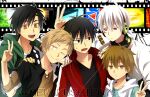  5boys :d amamiya_hibiya arrow_(symbol) arrow_print black_hair black_hoodie black_shirt blue_shirt blue_sky brown_eyes brown_shirt casual circle cityscape closed_mouth collarbone colored_eyelashes commentary copyright_name cross-laced_clothes cross-laced_slit day english_text film_strip fingernails food green_jumpsuit grey_sky hair_between_eyes hair_ornament hairclip hand_on_another&#039;s_shoulder hand_up head_tilt headphones holding holding_food hood hood_down hooded_jumpsuit hoodie jacket jumpsuit kagerou_project kano_shuuya kisaragi_shintarou konoha_(kagerou_project) light_brown_hair long_bangs looking_at_another looking_at_food looking_at_viewer looking_away looking_to_the_side male_focus mekakucity_actors mixed-language_text multiple_boys neck_warmer one_eye_closed open_clothes open_jacket outline pink_eyes popped_collar print_hoodie red_jacket road_sign romaji_text seto_kousuke shirt short_hair short_ponytail short_sleeves sign single_earphone_removed single_stripe skewer sky sleeveless sleeveless_hoodie sleeves_past_elbows smile splatter stop_sign sun t-shirt teeth track_jacket translated triangle two-sided_hoodie two-tone_hoodie unamused upper_body upper_teeth_only usm_(kk316) v white_background white_hair white_hoodie white_outline white_shirt white_stripes yakitori yellow_eyes 