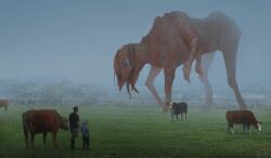  2boys amamidori artist_name black_hair blue_eyes boots cow dated_commentary english_commentary extra_arms extra_tongue farm fence fog grass hat holding_hands monster multiple_boys nostrils outdoors scp-4158 scp_foundation shirt shorts t-shirt tree wooden_fence 