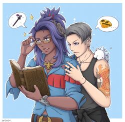  2girls adjusting_eyewear arm_tattoo asymmetrical_hair belt black_tank_top blue_background blue_shirt book border bracelet brown_belt commentary dark-skinned_female dark_skin english_commentary glasses grey_hair hair_ornament highres holding holding_book image_in_speech_bubble itsraijet jetsam_(itsraijet) jewelry long_hair multiple_girls necklace on_shoulder open_book original outside_border pokemon pokemon_(creature) pokemon_on_shoulder pokemon_sv purple_hair raifort_(pokemon) shirt short_hair sidecut simple_background snom tank_top tattoo undercut upper_body very_dark_skin violet_eyes white_border 