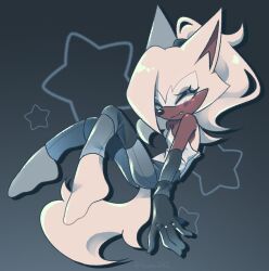 1girl animal_ears animal_nose artist_name bare_shoulders barefoot black_background black_gloves blonde_hair blue_background blue_eyes blue_pants blush body_fur breasts brown_fur closed_eyes closed_mouth colored_skin dreamysuite elbow_gloves eyeshadow fang flat_chest full_body furry furry_female gloves gradient_background grey_background grey_fur hair_over_one_eye hair_tie half-closed_eyes high_ponytail highres knees_together_feet_apart knees_up long_hair looking_at_viewer makeup multicolored_skin pants ponytail shirt simple_background sitting sleeveless sleeveless_shirt small_breasts snout socks solo sonic_(series) sonic_the_hedgehog_(idw) star_(symbol) strapless tail twitter_username two-tone_fur two-tone_skin whisper_the_wolf white_eyes white_fur white_hair wolf_ears wolf_girl wolf_tail
