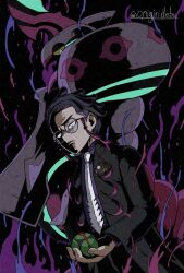  1boy aqua_eyes aqua_trim armor artist_name black-framed_eyewear black_hair black_jacket bug centipede collared_shirt colored_sclera colored_skin corbeau_(pokemon) dusk_ball eyewear_strap glasses highres holding holding_poke_ball horns jacket long_sleeves mega_pokemon mega_scolipede multicolored_skin necktie onigiri_debu open_clothes parted_hair poke_ball pokemon pokemon_(creature) pokemon_focus pokemon_legends:_z-a purple_hair purple_shirt purple_skin red_skin round_eyewear scolipede shirt short_hair short_sideburns two-tone_skin undercut v-shaped_eyebrows v-shaped_eyes white_necktie yellow_eyes yellow_sclera 
