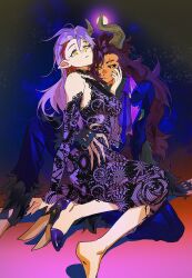  2girls amity_blight black_sclera claws colored_sclera couple demon_girl demon_horns dress eyebrow_cut eyelashes fang high_heels highres hooves horns kuma20151225 lace-trimmed_dress lace_trim long_hair loose_necktie luz_noceda luz_noceda_(titan) multiple_girls necktie open_collar pointy_ears purple_dress purple_suit scar suit the_owl_house very_long_hair wavy_hair yellow_eyes yuri 