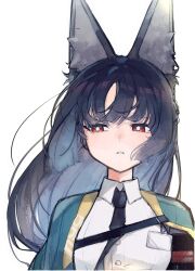  1girl animal_ear_fluff animal_ears aqua_jacket arm_out_of_sleeve black_hair black_necktie breasts bright_pupils commentary_request fox_ears fox_girl half-closed_eyes highres hoshimi_miyabi id_card jacket long_hair looking_to_the_side medium_breasts nandaka_0103 necktie parted_lips red_eyes shirt simple_background solo upper_body white_background white_pupils white_shirt zenless_zone_zero 