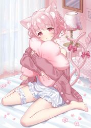  1girl absurdres animal_ear_fluff animal_ears barefoot bow cat_ears commentary_request curtains dress frilled_thigh_strap highres indoors kiki-yu looking_at_viewer nail_polish nekomata on_bed original pink_bow pink_eyes pink_hair pink_nails pink_petals pink_pillow pink_sweater pink_theme short_hair sitting solo sweater thigh_strap toenail_polish toenails wariza white_dress 