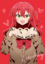  1girl absurdres bocchi_the_rock! bow bowtie brown_cardigan brown_sailor_collar cardigan character_name choppy_bangs commentary_request dot_nose green_eyes hair_between_eyes hands_up highres kita_ikuyo long_bangs long_hair long_sleeves one_side_up open_mouth oriorioiro red_background red_bow red_bowtie red_hair sailor_collar school_uniform simple_background smile solo straight-on upper_body 