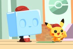  :3 apron chibi chibi_only clothed_pokemon commentary_request dot_nose eiscue eiscue_(ice) full_body hat ice igwjgsarifbfo9u no_humans official_style open_mouth parody pikachu poke_ball_symbol pokemon pokemon_(creature) pokemon_cafe_remix pokemon_focus red_apron red_hat red_scarf scarf smile style_parody 