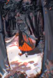  1girl animal_ears closed_mouth commentary_request detached_sleeves expressionless full_body geta hair_between_eyes hat highres holding holding_shield holding_sword holding_weapon inubashiri_momiji medium_hair pom_pom_(clothes) red_eyes red_skirt shi_chimi shield shirt skirt socks solo sword tail tengu-geta tokin_hat touhou tree weapon white_hair white_shirt white_socks wolf_ears wolf_girl wolf_tail 