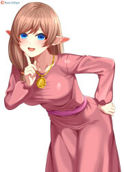  1girl :d absurdres blue_eyes blush breasts brown_hair collarbone commission commissioner_upload dress elf finger_to_cheek hand_on_own_hip hand_up highres index_finger_raised jewelry leaning_forward long_hair long_sleeves looking_at_viewer lori_hagami low-tied_long_hair low_side_ponytail medium_breasts necklace official_art open-mouth_smile open_mouth patreon_logo patreon_username pink_dress pink_sash pointy_ears puffy_long_sleeves puffy_sleeves sash sepha_farona simple_background smile solo username ways_of_darkness_(series) white_background 