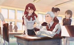  1other 3boys 3girls arm_support bandaid bandaid_on_face bandaid_on_forehead black_gloves black_jacket black_skirt bow bowtie breasts chair classroom collared_shirt desk english_commentary faceless faceless_female gekkoukan_high_school_uniform gloves grey_hair holding holding_pen indoors jacket kirijou_mitsuru long_hair looking_at_another medium_breasts multiple_boys multiple_girls parted_lips pen persona persona_3 red_bow red_bowtie red_hair red_sweater_vest sanada_akihiko school_desk school_uniform shirt short_hair sitting skirt smile soc_nau standing sweater_vest white_shirt window 