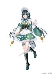  1girl :d anonymous_(nijisanji) apron bare_shoulders black_corset blush bonnet boots breasts collar colored_inner_hair copyright_notice corset crossed_bangs detached_sleeves fish floral_print floral_print_kimono flower-shaped_pupils flower_hairpin flower_knot frilled_bonnet frilled_collar frilled_skirt frilled_socks frilled_thigh_strap frills full_body green_boots green_eyes green_hair green_kimono green_ribbon green_tail hair_ornament hair_ribbon hairclip hand_up highres japanese_clothes kimono kimono_skirt knee_boots kneehighs lace-up_boots lizard_tail long_hair long_sleeves looking_at_viewer maid_apron multicolored_hair neck_ribbon nijisanji obiage obijime official_art print_kimono ribbon simple_background skirt small_breasts smile socks solo standing standing_on_one_leg symbol-shaped_pupils tail tail_under_clothes tassel thigh_strap togawa_nonoha virtual_youtuber waist_apron white_background white_bonnet white_ribbon white_sleeves 