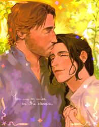  1boy 1girl arthur_morgan beard belle_(kunnuscumnus) bellflower blonde_hair blue_shirt border braid braided_ponytail brown_hair calligraphy closed_eyes closed_mouth drawn_flower drawn_heart english_text eyelashes facial_hair flower head_on_another's_shoulder hetero highres inset_border kiss kissing_forehead kunnuscumnus light_smile mature_male mole mole_on_neck mole_under_eye original ornate_border red_dead_redemption_(series) red_dead_redemption_2 shirt short_hair side_part side_ponytail upper_body wavy_ends white_shirt yellow_background 