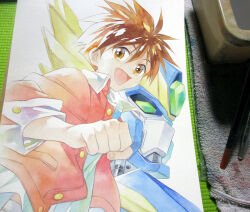 1boy agahari baan_gaan brown_eyes brown_hair clenched_hand commentary_request green_eyes jacket looking_at_viewer male_focus mecha open_clothes open_jacket open_mouth painting_(medium) photo_(medium) red_jacket robot serizawa_shunpei shirt short_hair smile spiky_hair traditional_media upper_body white_shirt yuusha_seisen_baan_gaan yuusha_series 