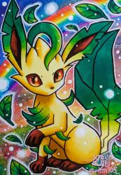  animal_focus brown_eyes brown_fur brown_sclera colored_sclera enryuu_(pixiv3483358) full_body green_fur highres leaf leafeon looking_at_viewer no_humans pokemon pokemon_(creature) pokemon_focus rainbow yellow_fur 
