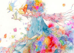  1girl blue_dress closed_mouth colorful covered_eyes dragon dress fish flower from_side hair_flower hair_ornament hashi_katsukame highres mask original painting_(medium) solo traditional_media watercolor_(medium) western_dragon 