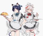  2boys ahoge animal_ears aonisaizako apron bandaged_hand bandages blush cat_boy cat_ears cat_tail closed_mouth crossdressing food genshin_impact highres ice_cream kaedehara_kazuha ketchup looking_at_viewer low_twintails maid maid_apron maid_headdress male_focus multicolored_hair multiple_boys omelet open_mouth purple_hair red_eyes redhead scaramouche_(genshin_impact) short_twintails side_ponytail smile sundae tail twintails unhappy violet_eyes white_background white_hair 