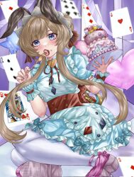 1girl ace_(playing_card) alice's_adventures_in_wonderland alice_(alice_in_wonderland) alice_(alice_in_wonderland)_(cosplay) alternate_costume blue_dress blue_eyes brown_hair card club_(shape) clyriie cosplay dress eating frilled_wrist_cuffs frills genshin_impact highres long_hair pantyhose playing_card puffy_sleeves sandrone_(genshin_impact) short_sleeves solo spade_(shape) white_pantyhose wrist_cuffs 