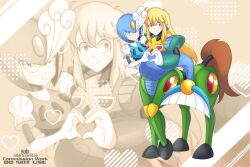  2girls arm_around_shoulder armor artist_name blonde_hair blue_armor blue_eyes blue_helmet carrying centaur centaur_man closed_mouth earrings elbow_gloves english_commentary forehead_jewel full_body gem genderswap genderswap_(mtf) gloves green_armor hair_between_eyes heart heart_hands heart_hands_duo helmet highres horse_tail humanoid_robot jewelry long_hair looking_at_viewer mega_man_(classic) mega_man_(series) mega_man_6 mega_man_9 mermaid monster_girl multiple_girls multiple_legs parted_lips princess_carry puffy_short_sleeves puffy_sleeves red_eyes rob_(robarts) robot robot_girl short_sleeves smile splash_woman standing standing_on_three_legs tail taur white_gloves yellow_gemstone zoom_layer 
