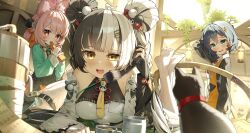  3girls absurdres animal_ear_fluff animal_ears bare_shoulders belle_(zenless_zone_zero) black_hair blue_hair blush braid breasts china_dress chinese_clothes detached_sleeves dialyn_(zenless_zone_zero) dress furry furry_female green_eyes hair_between_eyes hair_ornament highres jewelry long_hair looking_at_viewer maeru multicolored_hair multiple_girls open_mouth phone pink_fur pink_hair rabbit_ears rabbit_girl red_eyes short_hair smile split-color_hair white_hair yellow_eyes zenless_zone_zero zhao_(zenless_zone_zero) 