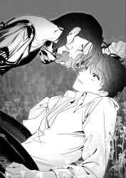  1boy 1girl black_hair bob_cut borrowed_clothes collared_shirt commentary_request eyesoffyou0003 flower greyscale han_sooyoung highres kim_dokja knees_up korean_commentary leaning_back monochrome official_alternate_costume omniscient_reader's_viewpoint open_mouth outdoors pinned shirt short_hair shouting white_shirt wide-eyed 