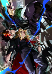  2boys adapted_costume battle belt belt_buckle black_belt black_boots black_coat black_hair black_jacket black_pants black_shirt blonde_hair blood blood_on_face boots broken_glass brown_hair buckle building cape checkered_clothes checkered_shirt closed_mouth coat collared_shirt commentary contemporary demon_slayer_uniform earrings energy falling fire forked_eyebrows from_above glass glass_shards green_shirt hashimoto_(yanagi-momo) highres holding holding_sword holding_weapon implied_yaoi jacket japanese_clothes jewelry kamado_tanjirou katana kimetsu_no_yaiba leg_wrap light_smile long_hair long_sleeves looking_at_viewer male_focus motion_blur multicolored_hair multiple_boys necktie pants red_eyes red_hair red_necktie rengoku_kyoujurou scar scar_on_face scar_on_forehead shards sheath shirt short_hair streaked_hair suit sword symbol-only_commentary two-sided_coat two-sided_fabric two-tone_hair upside-down weapon yellow_eyes 