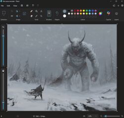  1other art_program_in_frame bare_tree christian_young cloak clouds cloudy_sky creature forest from_behind full_body giant grey_sky holding holding_staff hood hood_up hooded_cloak horns loincloth looking_at_another microsoft_paint_(medium) microsoft_paint_(software) nature original outdoors scenery screenshot size_difference sky snow snowing staff tree yeti_(creature) 