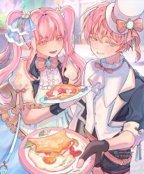  1boy 1girl ascot black_gloves blueberry bow brother_and_sister egg_(food) fingerless_gloves food fried_egg fruit gloves grin hat highres holding holding_plate li_tianchen li_tianxi long_hair looking_at_viewer mini_hat mini_top_hat open_mouth pawapopp pink_eyes pink_hair plate shiguang_dailiren shirt short_hair shorts siblings smile top_hat twintails white_ascot 