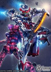  artist_request copyright_notice glowing_hot gquuuuuux gundam gundam_card_game gundam_gquuuuuux heat_hawk logo machinery mecha mecha_focus mobile_suit official_art realistic red_gundam robot science_fiction space star_(sky) sun sunrise_(company) thrusters v-fin zero_gravity 