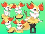  1girl :3 ^_^ animal_ear_fluff animal_ears animal_feet animal_hands animal_nose arms_behind_back black_fur blush body_fur braixen closed_eyes closed_mouth commentary_request crossed_arms facing_viewer fang flat_chest fox_ears fox_girl fox_tail full_body furry furry_female gradient_background green_background hand_up hands_up happy highres light_blush looking_at_viewer multicolored_fur multiple_views neck_fur open_mouth pokemon pokemon_(creature) red_eyes sideways_mouth simple_background smile snout sokishii standing straight-on tail upper_body waving white_fur yellow_fur 