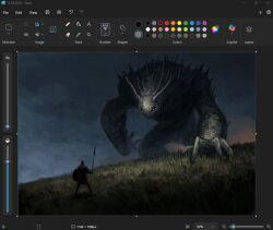  1other art_program_in_frame christian_young clouds cloudy_sky creature dutch_angle from_behind full_body grass hill holding holding_polearm holding_shield holding_weapon microsoft_paint_(medium) microsoft_paint_(software) monster original outdoors polearm scenery screenshot shield sky spear sunset weapon 