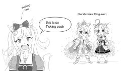  3girls agnes_digital_(umamusume) ahoge animal_ears bag blush bow commentary crown english_commentary english_text flower gat0w hair_between_eyes hair_bow highres horse_ears horse_girl long_hair looking_at_viewer meisho_doto_(turbulent_blue)_(umamusume) meisho_doto_(umamusume) meme mini_crown multiple_girls open_mouth rose school_uniform shirt short_hair short_sleeves speech_bubble standing summer_uniform t.m._opera_o_(o_sole_suo!)_(umamusume) t.m._opera_o_(umamusume) this_fucking_sucks_actually_(literal_coolest_thing_ever)_(meme) tracen_school_uniform umamusume watermark 