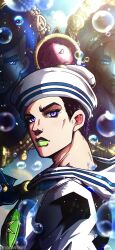  3boys absurdres anchor_symbol birthmark black_hair blue_eyes bobbles compass_rose dixie_cup_hat english_commentary green_lips hat higashikata_josuke_(jojolion) highres joestar_birthmark jojo_no_kimyou_na_bouken jojolion killer_queen kira_yoshikage_(jojolion) kujo_josefumi long_bangs looking_at_viewer male_focus military_hat multicolored_eyes multiple_boys noonvincent parted_lips peace_symbol pompadour sailor sailor_collar sailor_hat shirt short_hair soft_&amp;_wet solo_focus stand_(jojo) teeth two-tone_eyes violet_eyes white_hat white_sailor_collar white_shirt 