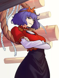  1girl black_skirt breasts clenched_teeth crossed_arms frills hair_ornament highres large_breasts layered_sleeves leaf leaf_hair_ornament long_skirt long_sleeves looking_at_viewer maple_leaf mirror onbashira puffy_long_sleeves puffy_sleeves purple_hair red_shirt rope shide shimenawa shirt short_hair short_over_long_sleeves short_sleeves sidelocks simple_background skirt smile solo spottylen teeth touhou violet_eyes white_background yasaka_kanako 