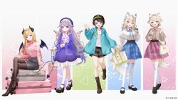  5girls :d animal_ears aqua_eyes aqua_jacket bag bandaid bandaid_hair_ornament baseball_cap beret black_hair black_hat black_horns black_pantyhose black_shoes black_shorts black_skirt blonde_hair blue_eyes blue_hair blue_skirt boots brown_boots brown_capelet brown_shirt capelet center-flap_bangs closed_mouth colored_inner_hair commentary_request copyright_name cup demon_girl demon_horns demon_tail demon_wings disposable_coffee_cup disposable_cup dog_ears dog_girl dog_tail double-parted_bangs dress full_body fuwawa_abyssgard gradient_hair grey_hair hair_between_eyes hair_ornament hair_ribbon hand_up handbag hat high_heels holding holding_cup holding_suitcase hololive hololive_english hood hooded_jacket horns jacket jewel_under_eye jewelry koseki_bijou long_hair long_sleeves looking_at_viewer mary_janes metal_wings mococo_abyssgard momoshiki_tsubaki multicolored_hair multiple_girls necklace official_alternate_costume official_art oozora_subaru open_mouth pantyhose pencil_skirt pink_eyes pink_hair pink_shirt pink_skirt pointy_ears purple_dress purple_hat ribbon sample_watermark shirt shoes short_hair shorts siblings sisters sitting skirt smile socks standing strappy_heels streaked_hair suitcase swept_bangs tail thigh-highs tress_ribbon twins two_side_up very_long_hair violet_eyes virtual_youtuber watermark waving white_capelet white_shirt white_socks white_thighhighs wings x_hair_ornament yuzuki_choco 