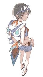  1girl bare_legs bikini bikini_under_clothes black_hair character_hood cropped_hoodie decoponmagi final_fantasy final_fantasy_vii final_fantasy_vii:_ever_crisis highres hood hoodie looking_at_viewer looking_back official_alternate_costume sandals short_hair short_shorts shorts side-tie_bikini_bottom solo swimsuit yuffie_kisaragi yuffie_kisaragi_(summer_moogle) 