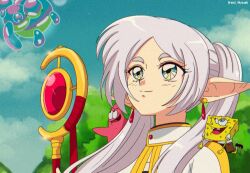  1girl brenni_murasaki capelet closed_mouth dress earrings elf floating_earrings frieren green_eyes grey_hair highres holding holding_staff jewelry long_hair long_sleeves mage_staff meme parted_bangs pointy_ears sousou_no_frieren spongebob_squarepants spongebob_squarepants_(series) staff teardrop_earrings twintails upward_angle_frieren_drawing_(meme) white_capelet white_hair 