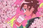  1boy brown_hair cherry_blossoms commentary_request cup drinking_straw holding holding_cup jacket long_sleeves male_child male_focus messy_hair milkshake mouth_hold nagare750 original pink_background simple_background solo violet_eyes whipped_cream wireless_earphones 