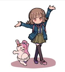  1girl absurdres arm_up bow breasts brown_hair collared_shirt danganronpa_(series) danganronpa_2:_goodbye_despair diaper ear_bow flipped_hair hair_ornament highres hood jacket long_sleeves looking_at_viewer medium_hair nanami_chiaki neck_ribbon open_clothes open_jacket outstretched_arms pink_eyes pink_ribbon pink_shoes pleated_skirt ribbon shirt shirt_tucked_in shoes skirt standing thigh-highs white_shirt youko-shima 