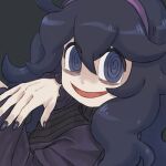  1girl :d @_@ absurdres black_hair black_nails commentary_request curly_hair dress from_side grey_background grey_eyes hair_between_eyes hairband hands_up hex_maniac_(pokemon) highres long_hair long_sleeves looking_at_viewer looking_to_the_side nail_polish open_mouth pokemon pokemon_(game) pokemon_xy purple_hairband raid_(donghyeok) smile solo tongue upper_body 
